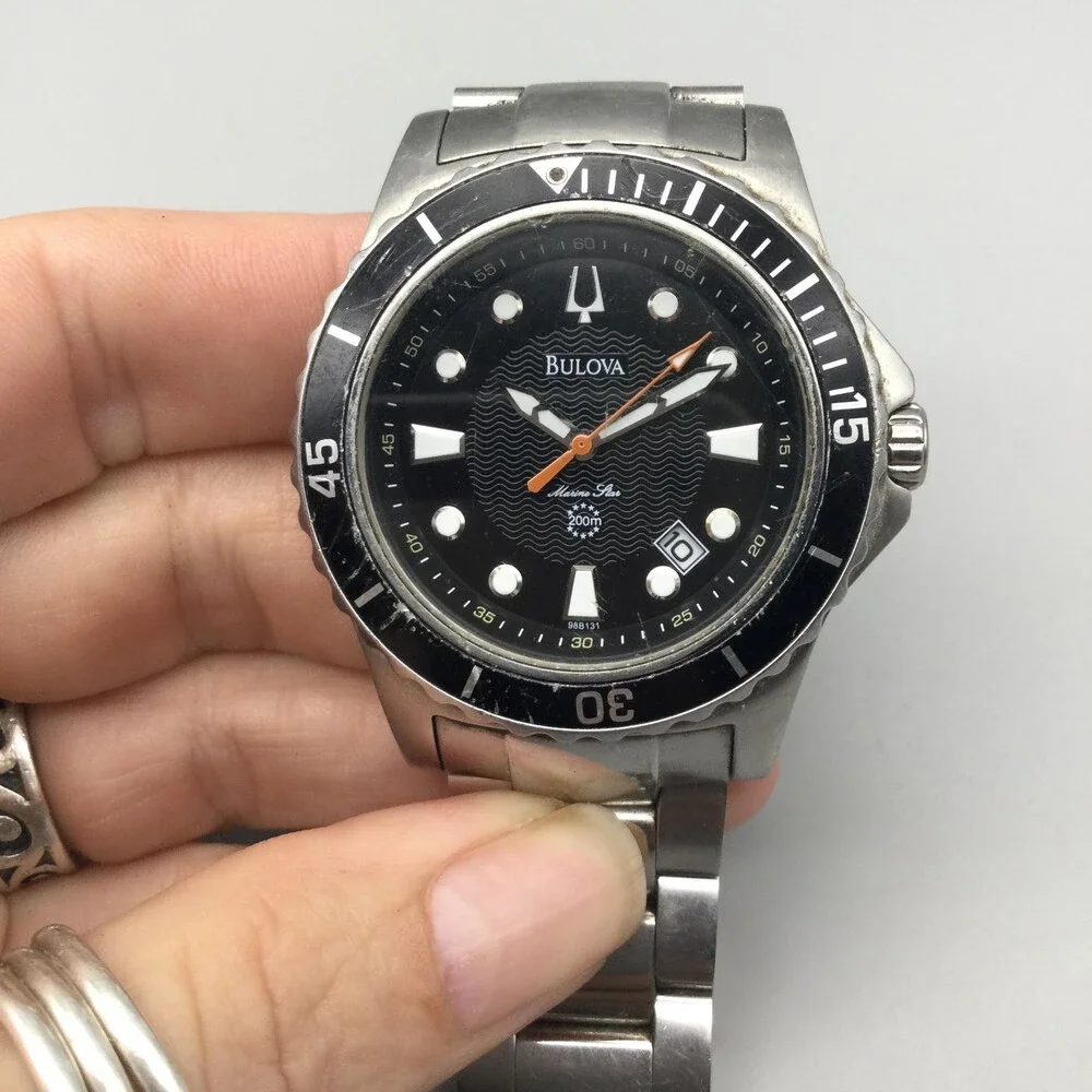 Bulova Marine Star 98B131 Mens Watch 42mm Black Dial Stainless New Battery 8.5